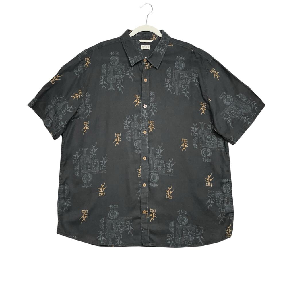 Te Aito Retro Hawaiian Print Button Down Shirt Dark Gray 2XL Casual Y2K